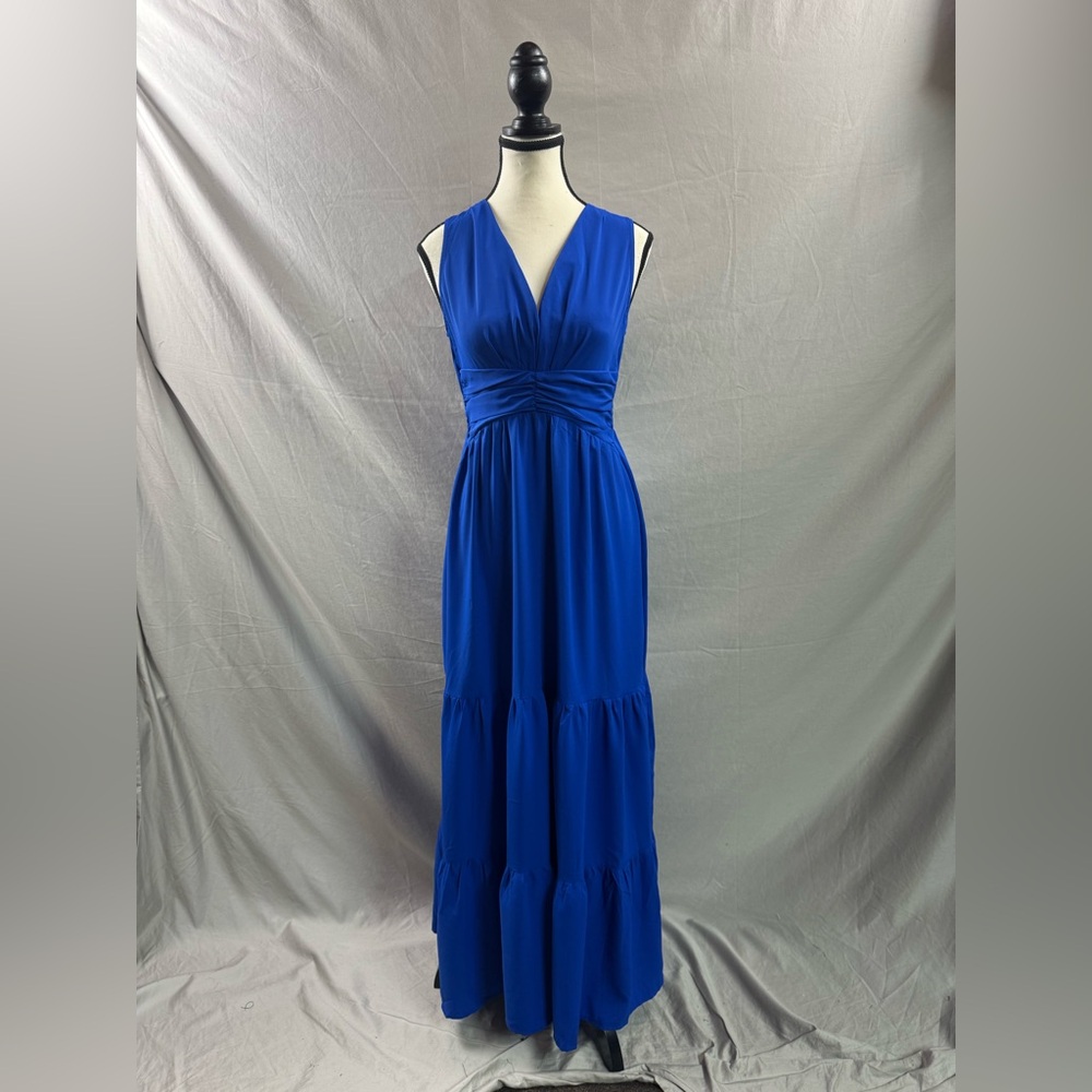 Boho V-Neck Pleated Waist Dress Blue - Picture 6 of 9